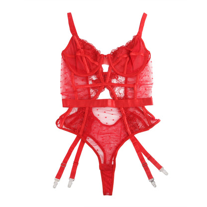 Oh Yeah - Body in Pizzo con Reggicalze Incorporato - Rosso