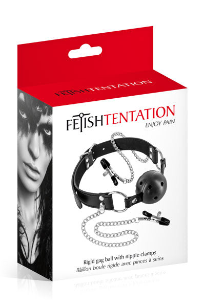 Fetish Tentation - Ball Gag Traspirante con Pinze per Capezzoli - Nera